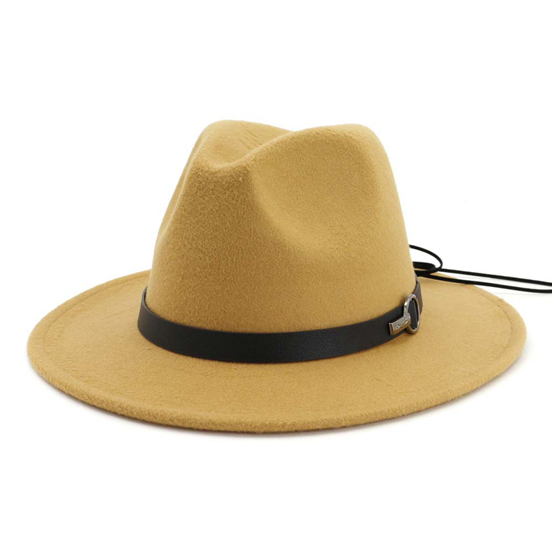 QBHAT-Chapeau en feutre de laine à large bord pour hommes et femmes, chapeau Fedora Jazz, chapeau de cow-boy Trilby de style ander, robe formelle de fête, grande taille, jaune, blanc