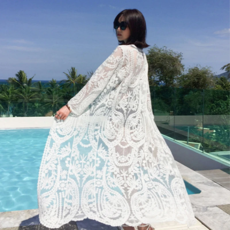 Robe de plage en dentelle blanche pour femmes, maxi, manches longues, cover-up, sexy, transparent, boho, bikini, vêtements de plage, été, 2024