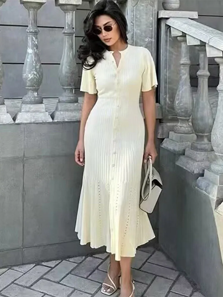 Robe longue tricotée pour femmes, élégante, col rond, décontractée, couleur unie, manches courtes, boutons, taille haute, mode féminine