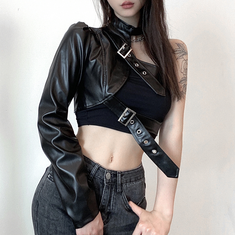 Haut court Style Punk pour femmes, Cool, manches longues, cintre de cou, ceinture en cuir, hauts connectés, vestes Streetwear