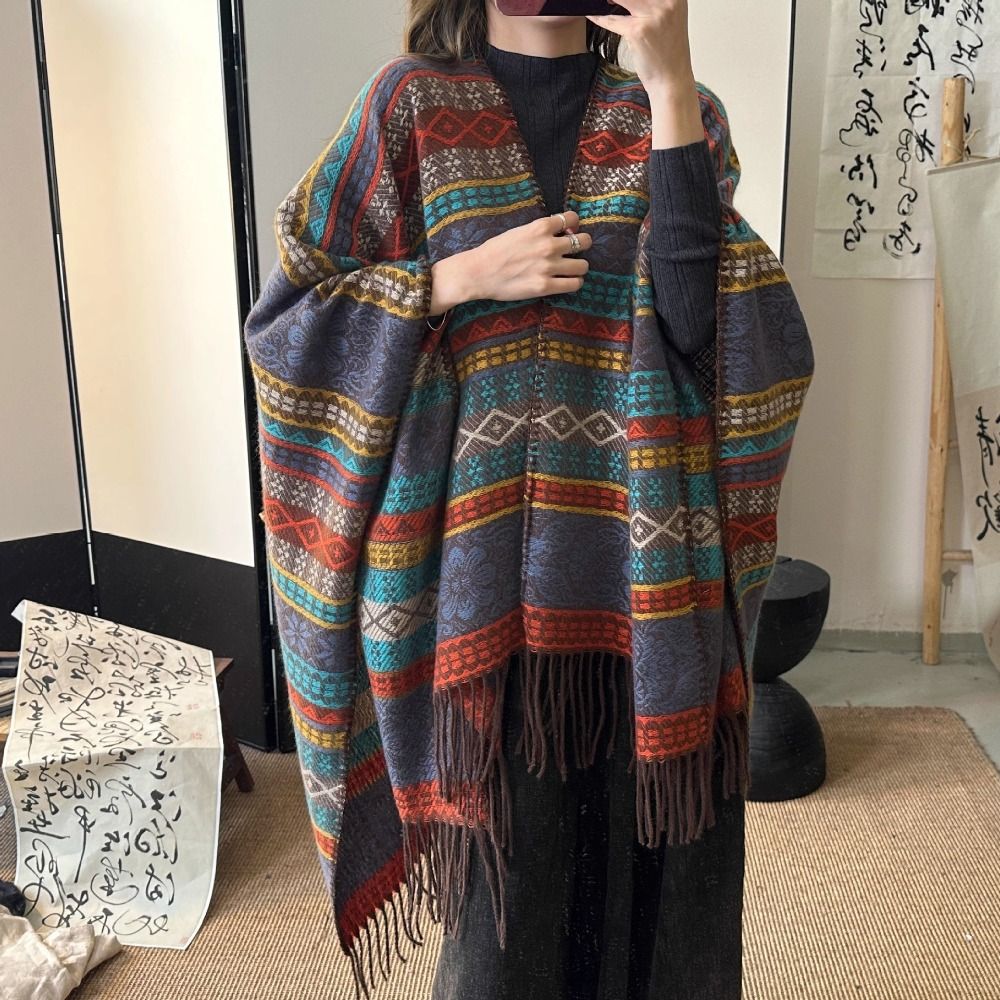 Châle de Luxe de Style Ethnique en Cachemire à Rayures, Cape avec Pompon, Collection Automne et Hiver