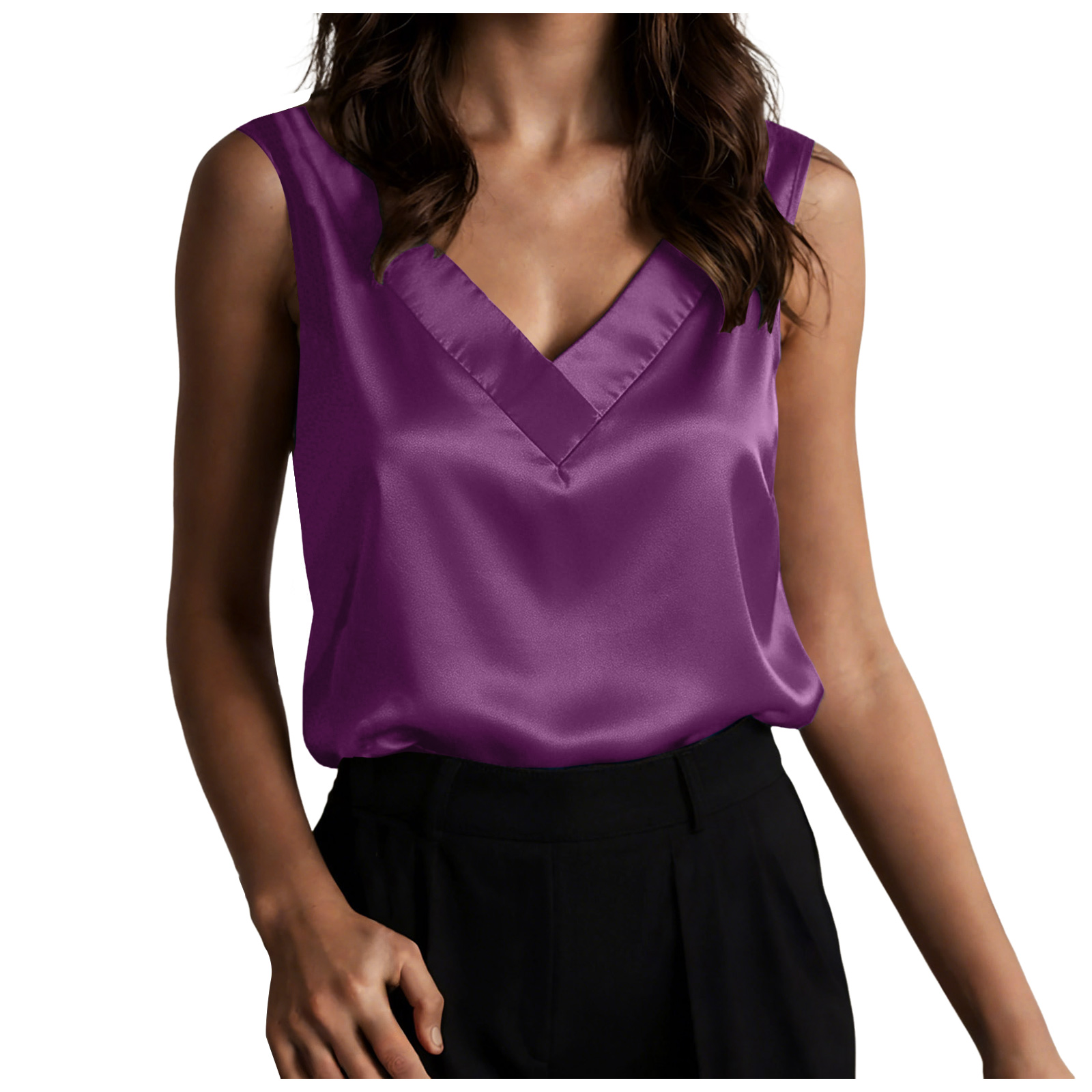 Chemisiers en satin de soie pour femmes, débardeurs décontractés à col en V, chemisiers sans manches pour le travail, chemisiers habillés d'été, tailles 2XL pour femmes