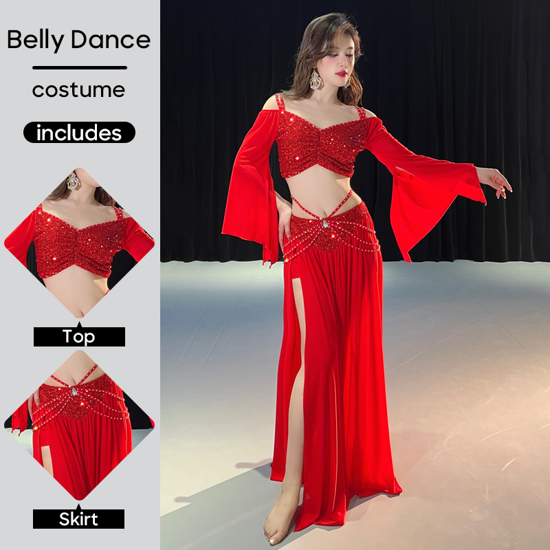Ensemble de costumes de danse du ventre, haut et jupe à paillettes, maille de printemps pour femmes adultes, vêtements de pratique personnelle pour spectacle sur scène