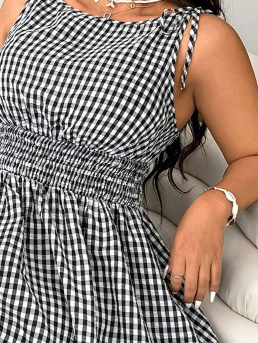 Robe décontractée sans manches à imprimé vichy et taille froncée, coupe ajustée, grande taille pour femme