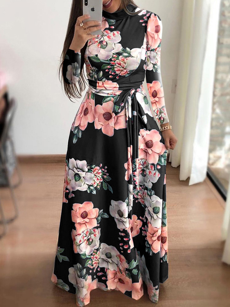 Robes Slim décontractées à manches longues pour femmes, col rond, imprimé floral, bretelles, longueur au sol, jupe longue, vêtements pour femmes
