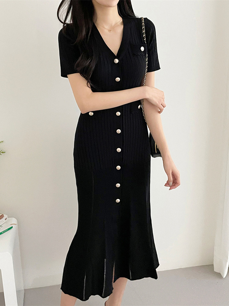 Robe mi-longue d'été pour femmes, tricotée, noire, moulante, Style coréen, à volants, élégante, mode décontractée, manches longues