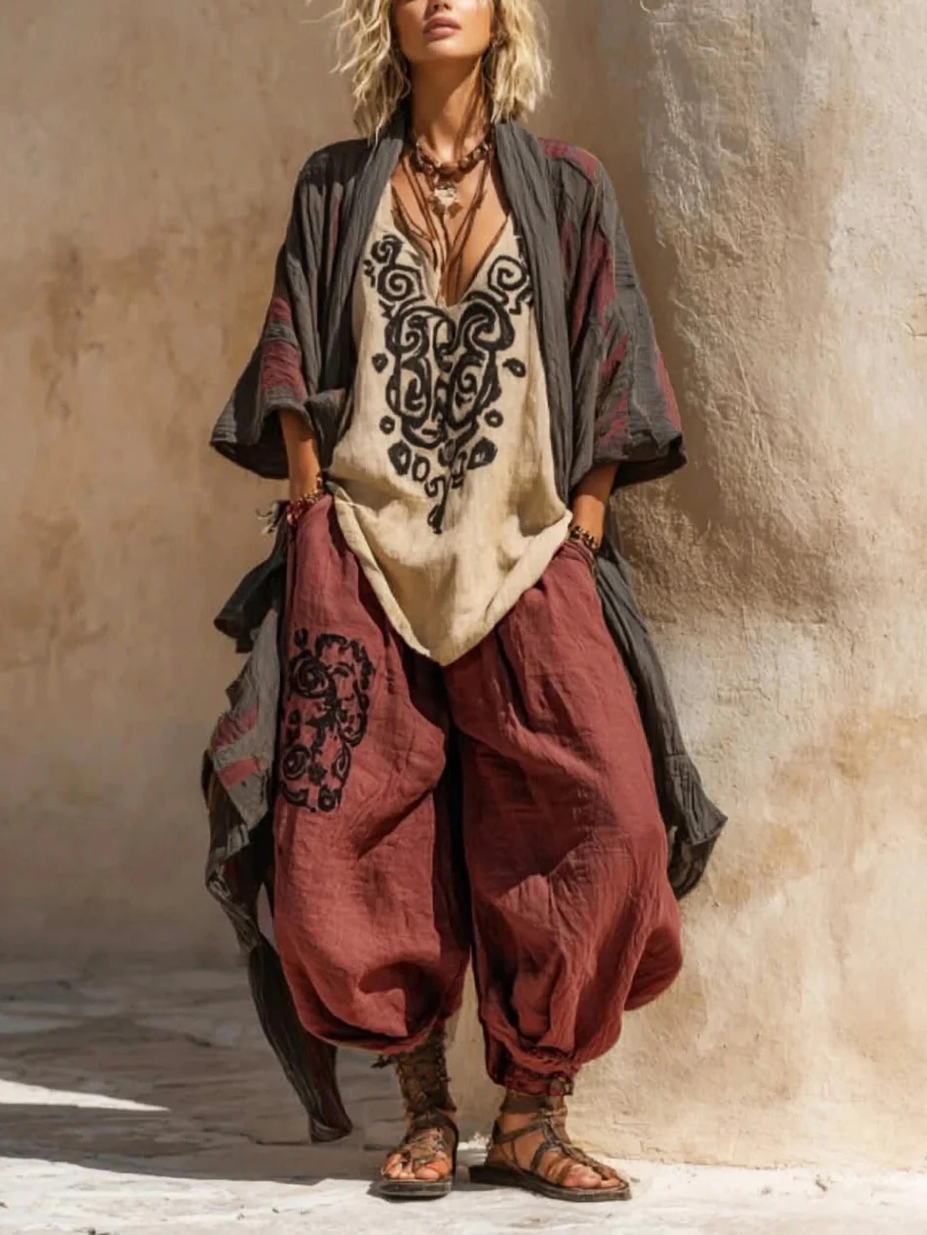 Tenue bohème 3 pièces pour femme, cardigan kimono long à devant ouvert tie-dye, chemisier imprimé à col en V et pantalon de jogging harem, ensemble décontracté ample