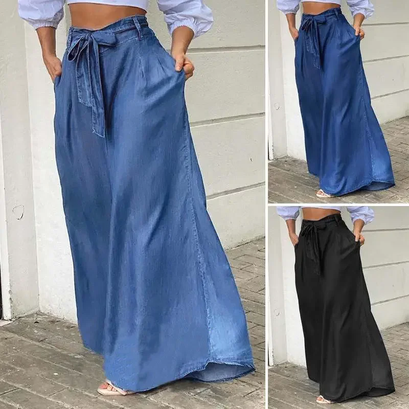Pantalon long en jean pour femme, coupe ample, taille haute, couleur unie