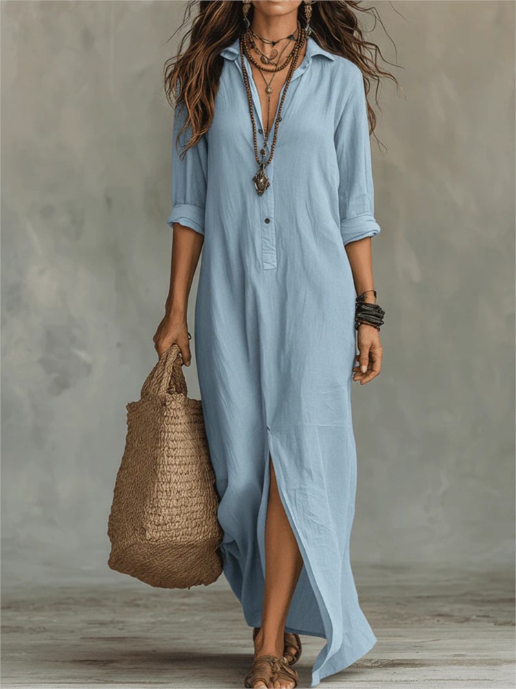 Robe longue décontractée blanche pour femme, style bohème d'été, col rabattu, boutons, manches longues, fendue, idéale pour la plage et les vacances