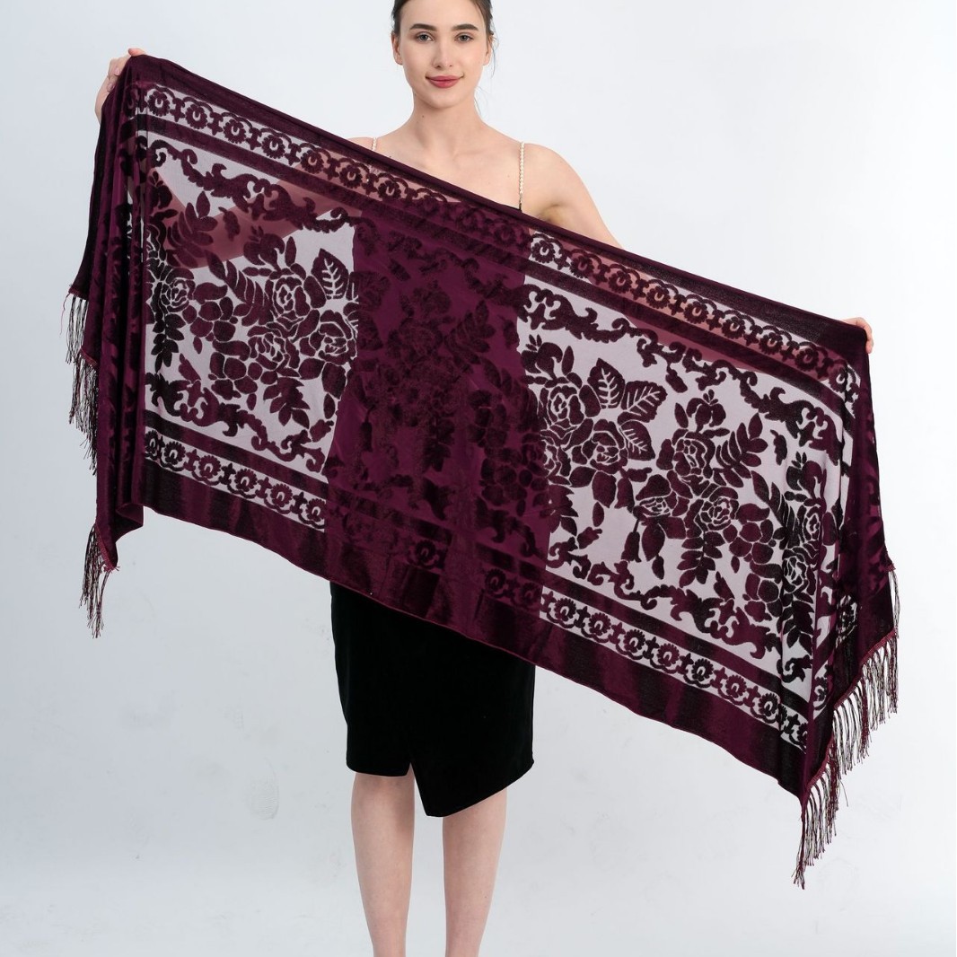 Velours dentelle évider écharpe rétro châle Style ethnique gland écharpe velours Pashmina étole Babushka musulman Hijab Cheongsam châle