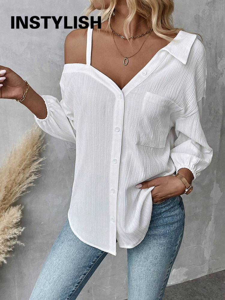 Chemise élégante pour femmes, épaules dénudées, trois quarts, chemisier sexy, décontracté, boutons unis, chemise ample, hauts de bureau pour femmes, streetwear, tuniques