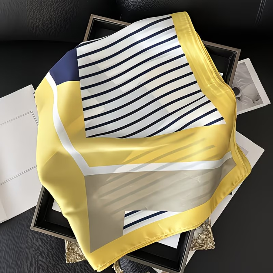 1 écharpe carrée élégante à rayures bleu marine, blanches et jaunes - Matière polyester respirante, très adaptée pour servir de bandeau, de châle et d'accessoire pour les cheveux, design élégant à nouer, idéale pour les tenues décontractées du week-end, accessoire de cou tendance. |     Bandeau à la mode |     Écharpe en satin texturé, Écharpe