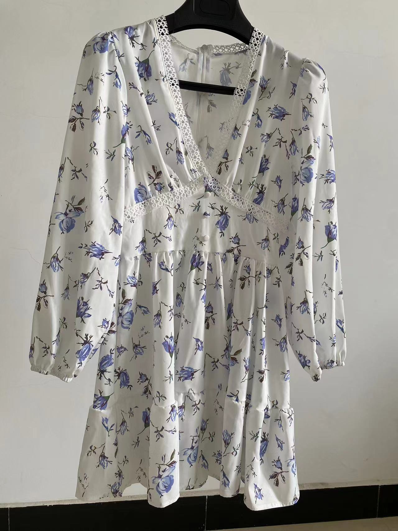 Femmes imprimé fleuri Mini robe taille haute a-ligne été automne à manches longues col en V robes Vintage plage vacances robes décontractées