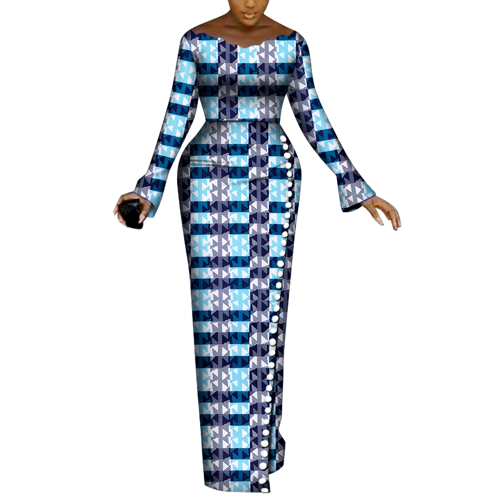 BRW-Robes africaines à manches longues pour femmes, robes de soirée, imprimé africain, boutons de sirène, vêtements pour femmes, WY8240