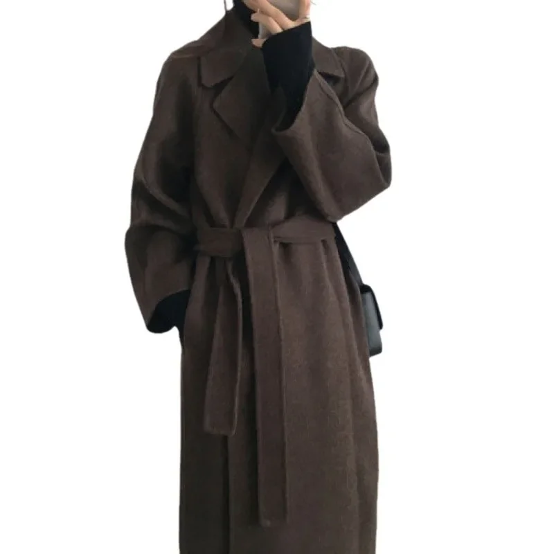 Manteaux longs en laine pour femmes, taille Midi, ceinture à lacets, mélange d'épissure, Cardigan à manches longues, solide, épais, chaud, vestes droites pour l'hiver