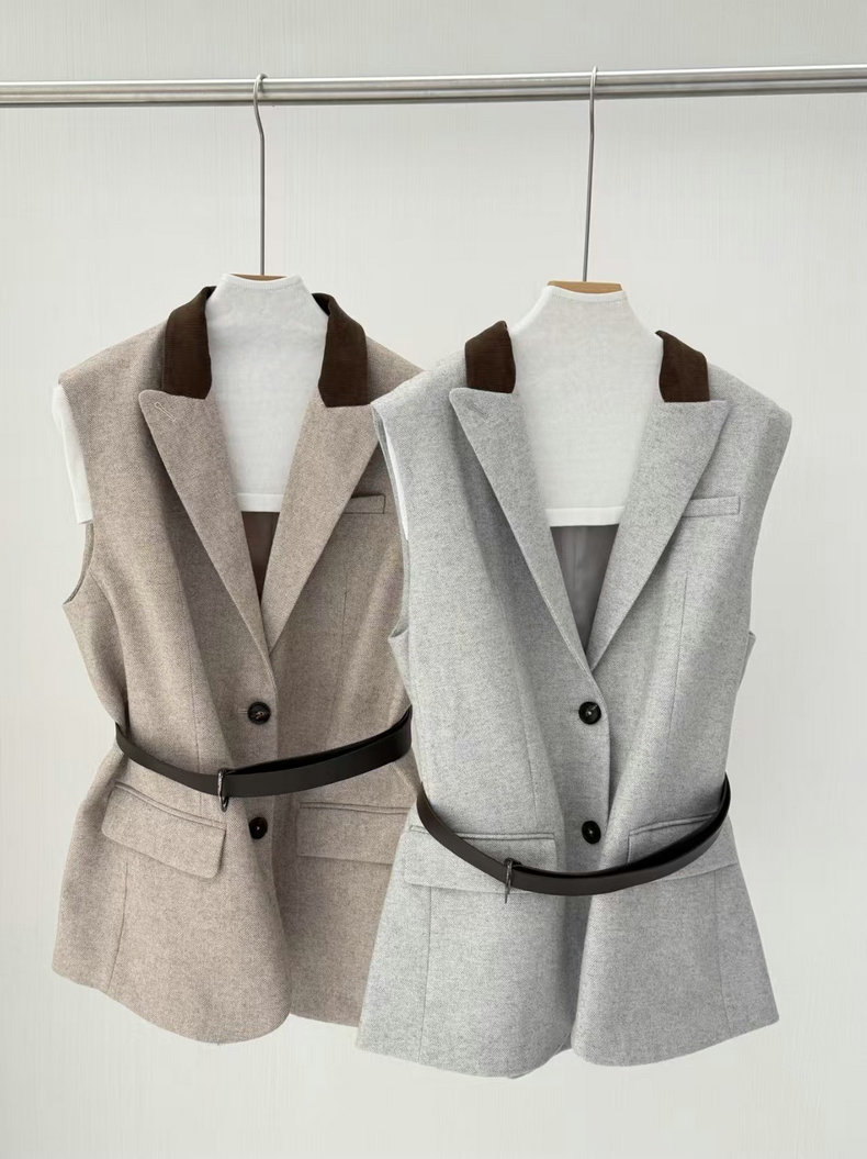 Gilet en mélange de laine pour femme, style navetteur, veste gilet tendance à col en V avec ceinture ajustable à la taille
