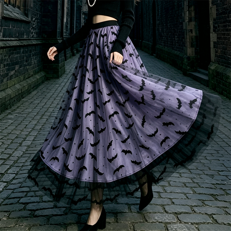 KAROFI Jupe longue en tulle pour femmes, style gothique, imprimé chauve-souris, taille haute, coupe A-line, ourlet en dentelle noire, jupe pour fête d'Halloween