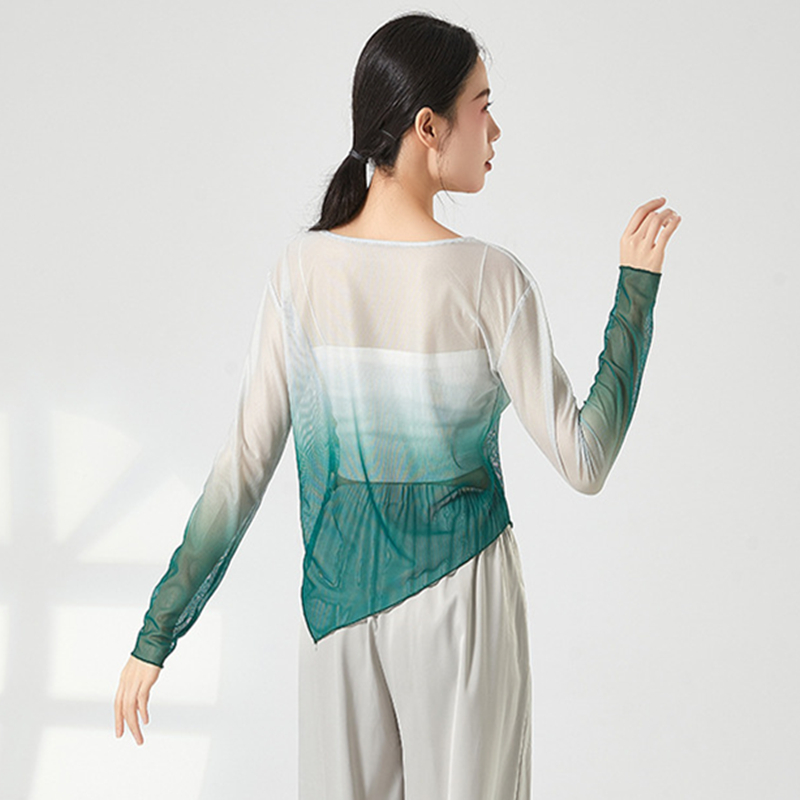 Chemisier en maille de gaze à manches longues pour femmes, haut de danse classique, costume de pratique moderne, ourlet coudé, t-shirt décontracté, document nickel é