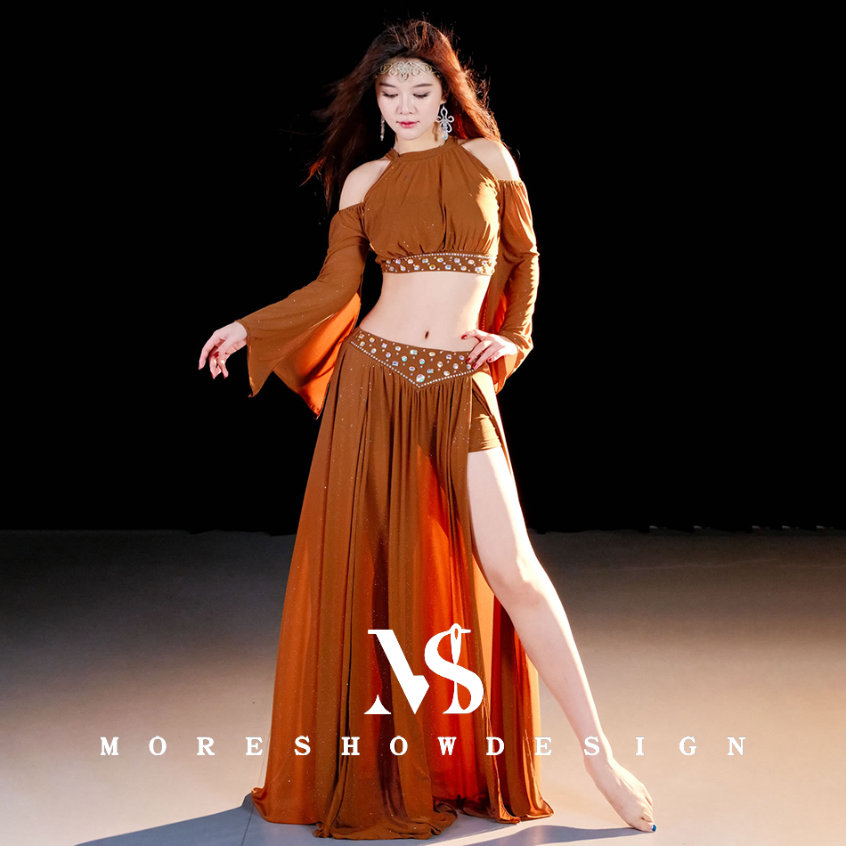 Costumes de danse du ventre pour femmes, haut + jupe, manches longues, vêtements de danse, ensemble de vêtements d'entraînement, tenues de danse