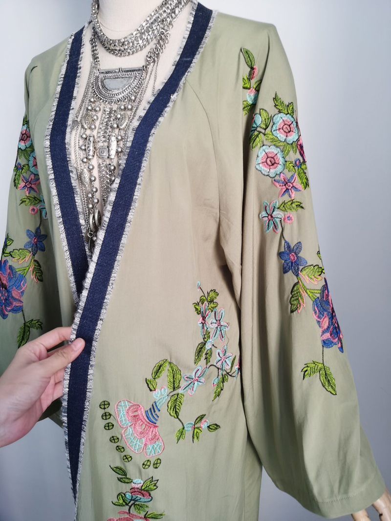 TEELYNN Cardigan long en coton et rayonne brodé de fleurs pour femme, robe kaftan d'été, chemisier de plage, blouse ample à manches longues, style bohème, Vestidos