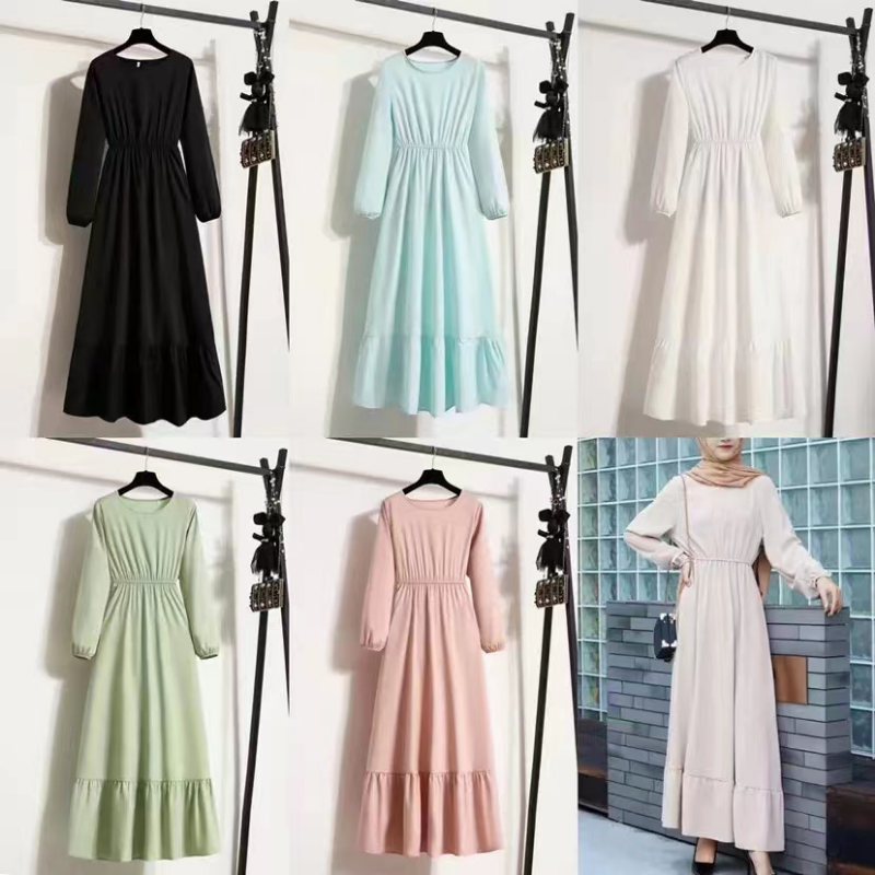 Femmes robe longue printemps automne Mujer robes solide manches longues col rond décontracté robes en mousseline de soie musulman solide robes Maxi en vrac
