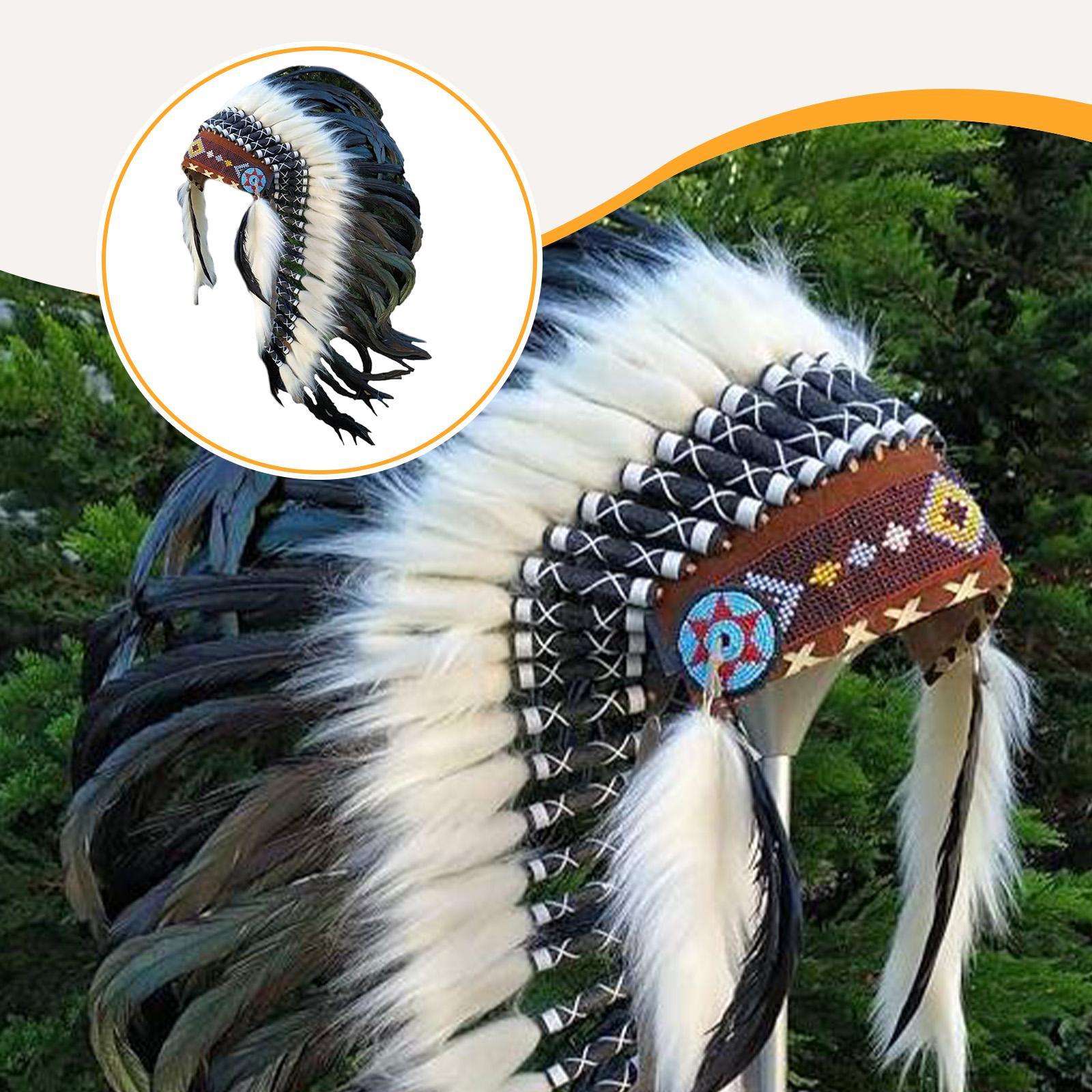 Coiffure de chef indien natif, chapeau, robe fantaisie, Costume décoratif de spectacle, mascarade, spectacle de danse, fête à thème, coiffure en plumes