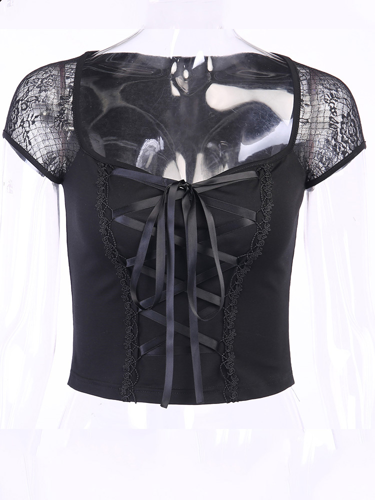 T-shirt gothique Vintage pour femmes, moulant, Bandage, dentelle, maille noire, Sexy, décontracté, gothique, Streetwear, haut féminin