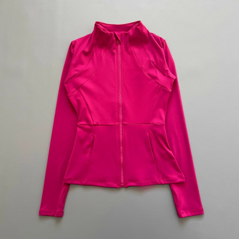 Veste de yoga zippée pour femme, col montant, manches longues, coupe ajustée, avec poches et trous pour les pouces, pour le fitness, la course et les activités sportives