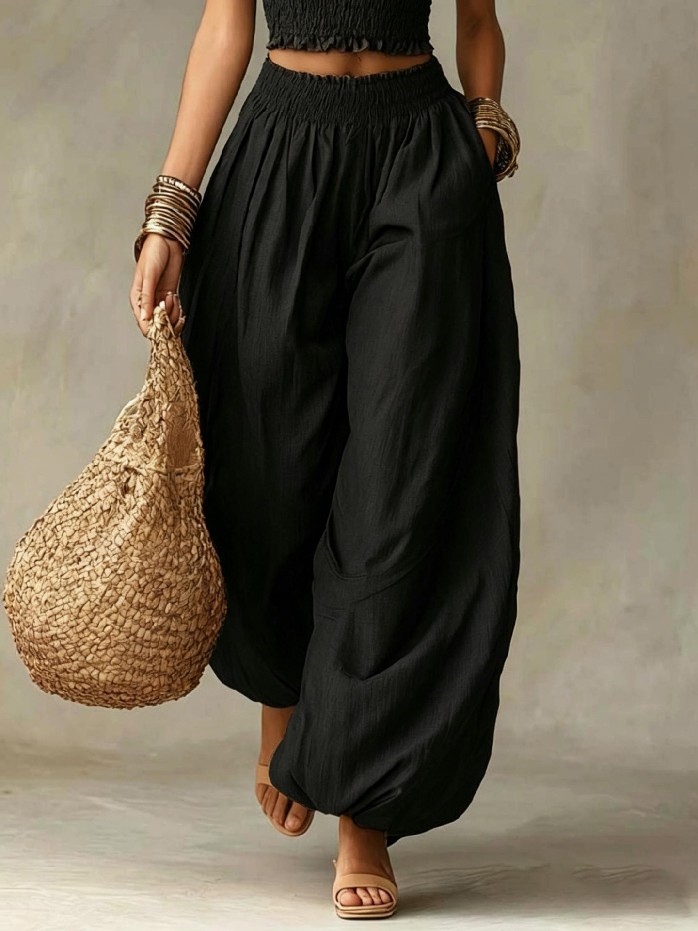 Ensemble 2 pièces tendance pour femme : Haut décontracté à fines bretelles et pantalon lanterne assorti – Tenue estivale