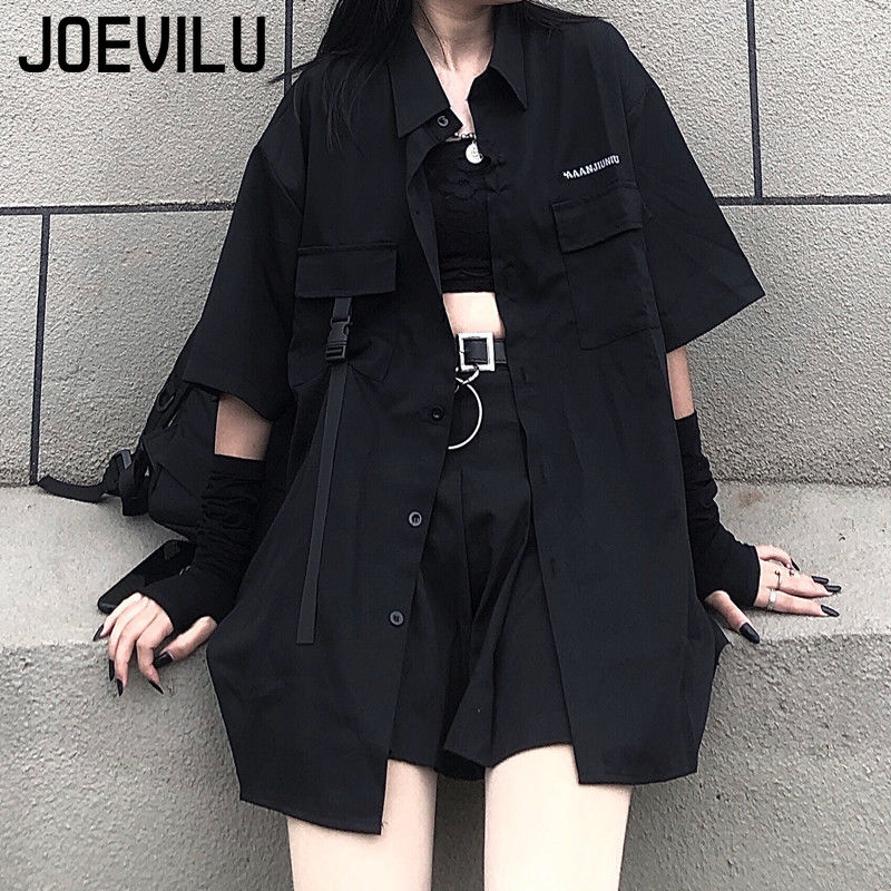 Ensemble jupe gothique pour femmes, chemise ample, Mini jupes plissées, ensemble 2 pièces, tenues décontractées rétro coréennes, costume esthétique Y2k, printemps été