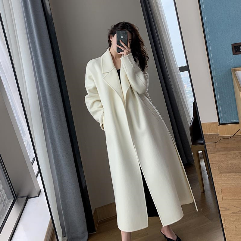 Manteau long en laine mélangée avec ceinture pour femme, veste femme, coupe-vent, blanc, tempérament, optique, automne, hiver, mode haut de gamme, 99