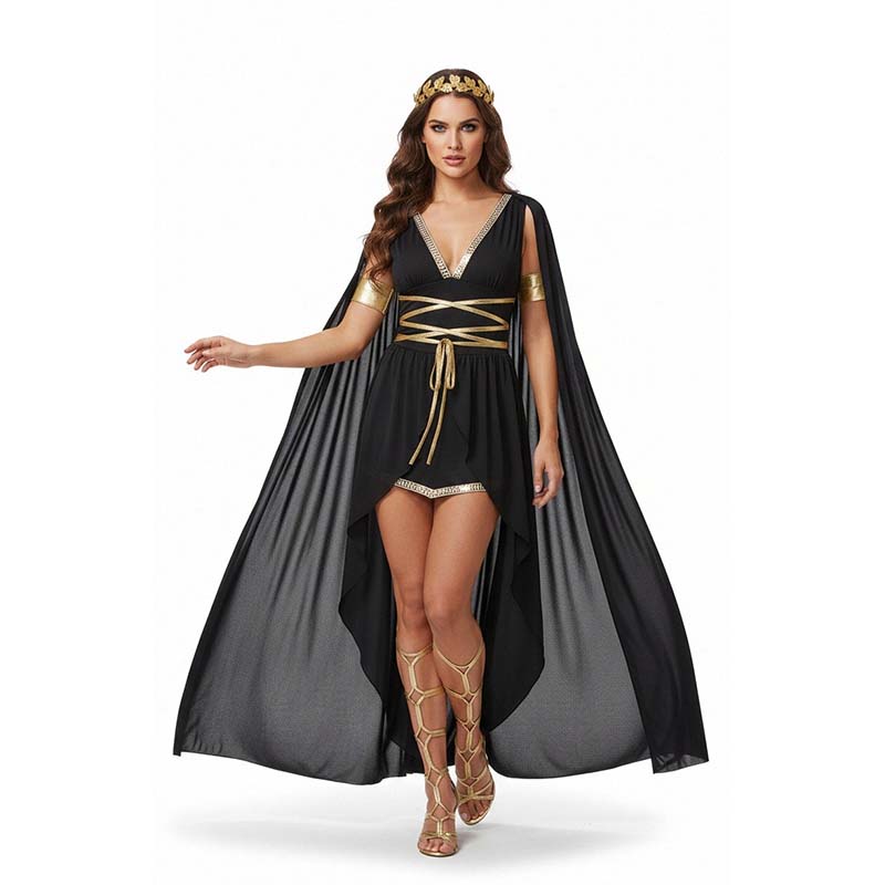 Costume de déesse grecque romaine sexy pour femmes, robe tunique blanche et noire avec cape, bordure dorée, tenues de fête d'Halloween et de carnaval