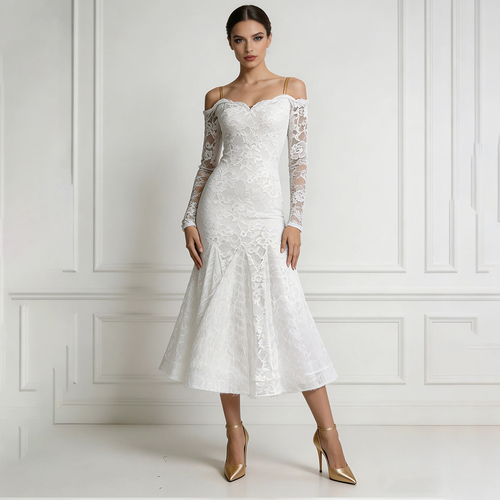 Robe de danse de salon élégante pour femmes, en dentelle blanche, épaules dénudées, manches longues, costumes de danse moderne, vêtements de performance pour valse et tango