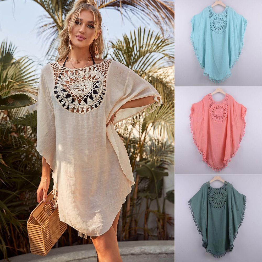 Tunique de plage tricotée tendance motif tournesol, grande taille, ajourée, avec franges, pour femme