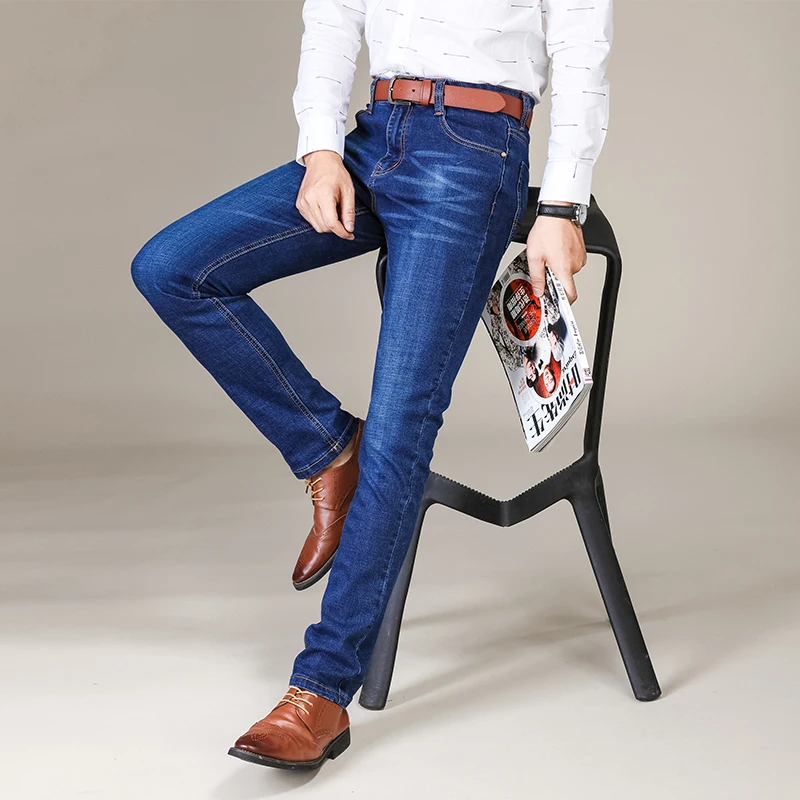 Jean d'affaires pour hommes, Style classique, décontracté, extensible, Slim, pantalon en Denim de marque, noir et bleu