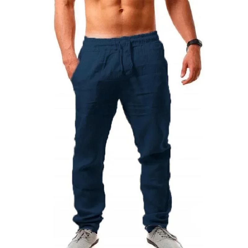 Pantalon Homme en Coton et Lin, Joggers Décontractés, Taille Élastique Unie, Coupe Droite Ample, Sport, Course à Pied, Grande Taille, Vêtements pour Hommes