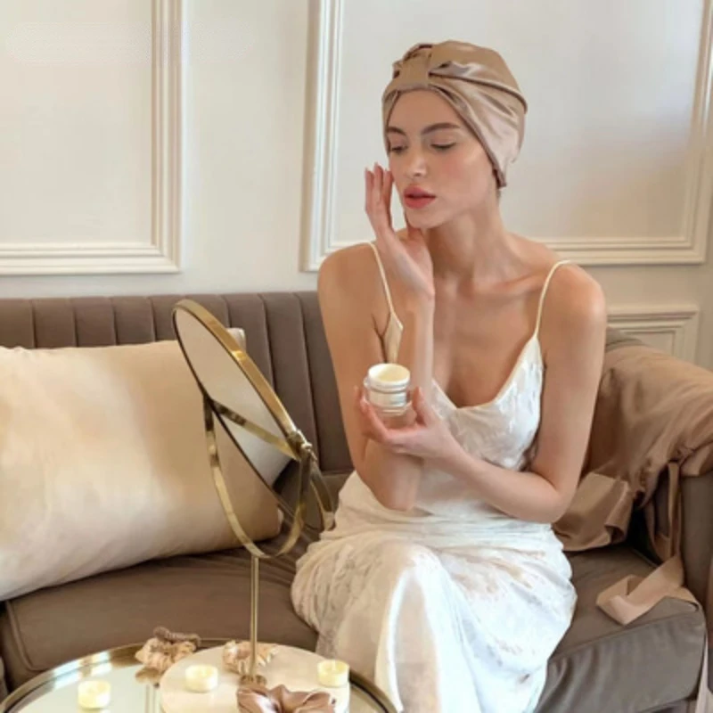 InjTurban pour femme, bonnet pour dormir, double couche, tête arrondie, mûrier, pur naturel, 19 Momme, 100