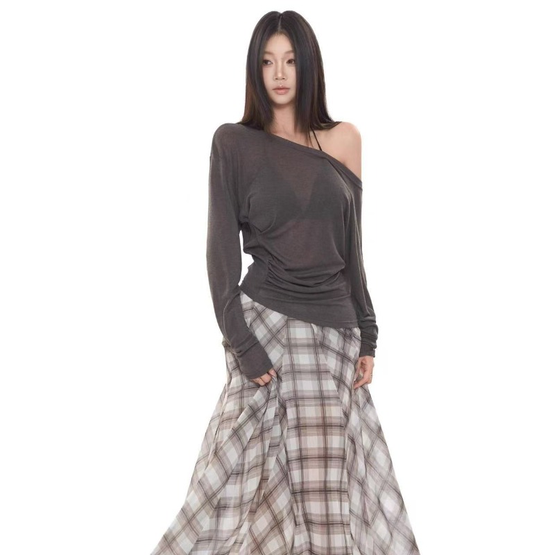 Style français T-Shirts pour femmes épaules dénudées Chic haut décontracté printemps été 2025 nouvelle mode femme à manches longues T-Shirts
