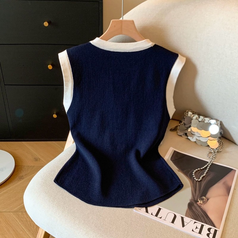 T-shirt sans manches élégant pour femme, col rond boutonné, tricot colorblock, débardeur d'été élastique pour le quotidien