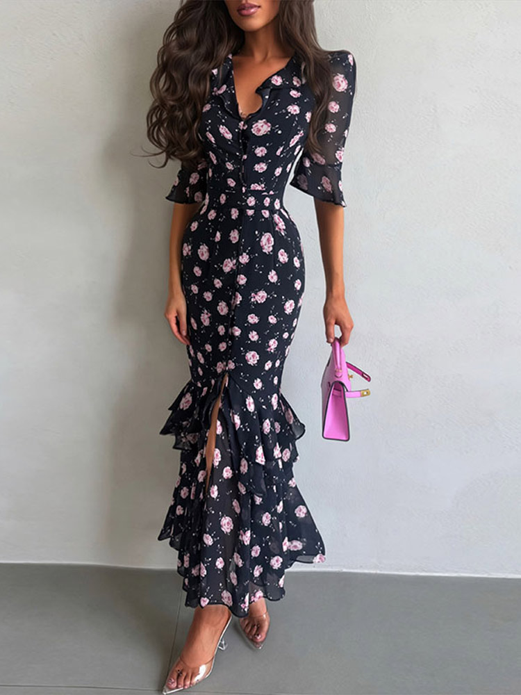 Robe longue en mousseline imprimée florale pour femme, col en V, manches mi-longues, ourlet à volants, collection été 2026, sexy, ajustée et chic