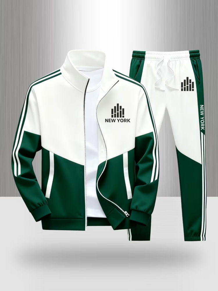 Ensemble de survêtement pour homme, veste zippée et pantalon de jogging à blocs de couleurs, imprimé New York, tenue de sport décontractée en deux pièces.