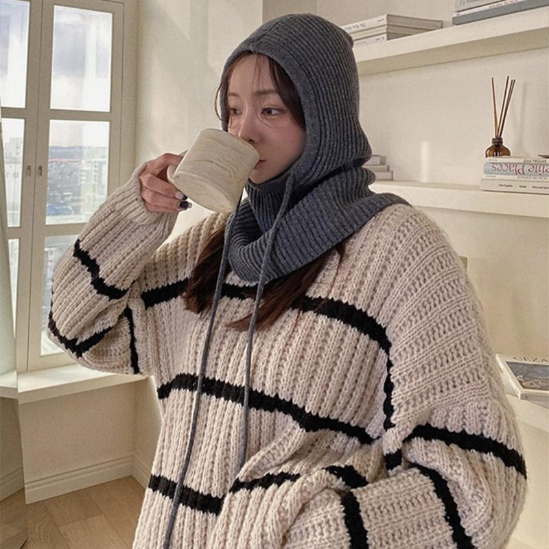 Cagoule tricotée de Style coréen pour femme, chapeau avec capuche à cordon de serrage, une pièce, chauffe-cou, mode plein air, bonnet, hiver