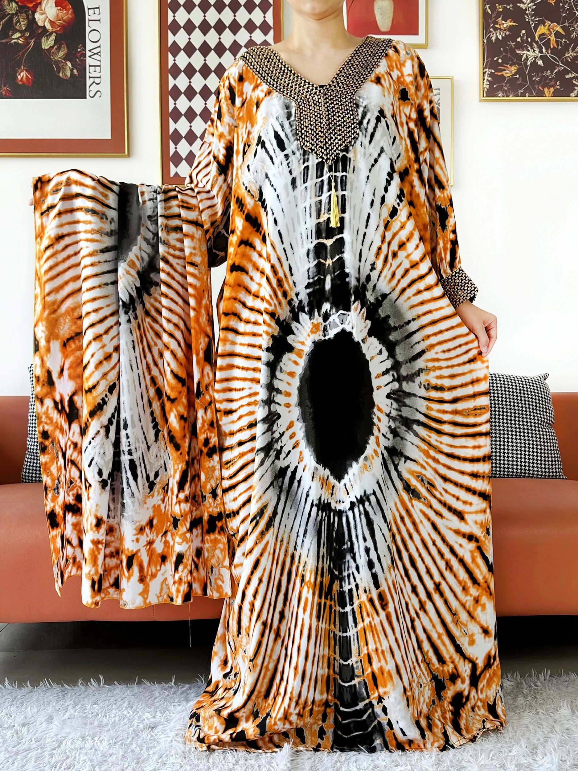 Robe de soirée à manches longues brodée fil d'or coton femmes ample Abaya Boho robe Maxi décontracté robe de mode robes africaines