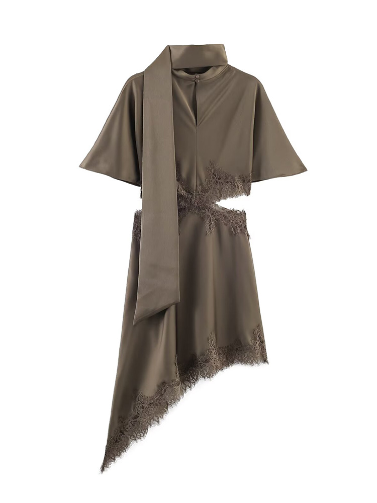 HH Été 2026 Robe Courte Femme Tendance à Manches Courtes en Dentelle, Col Foulard, Mini-Robe Asymétrique à Col Rond et Ouvertures