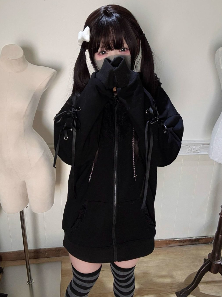 Sweat à capuche ample en dentelle noire pour femme, sous-culture gothique, esthétique, joli manteau à capuche à manches longues, décontracté, chaud, pardessus d'hiver, automne