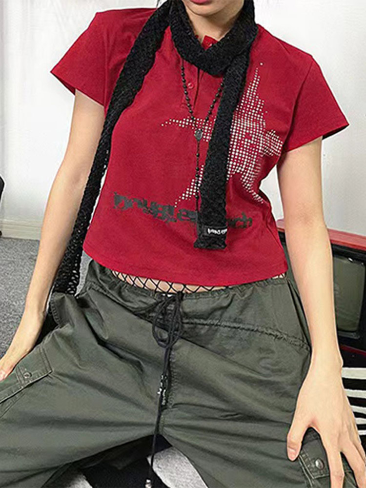 Haut court à manches courtes et col rond pour femmes, T-shirt graphique, Streetwear à motif d'étoiles, Style japonais, Y2K, Harajuku