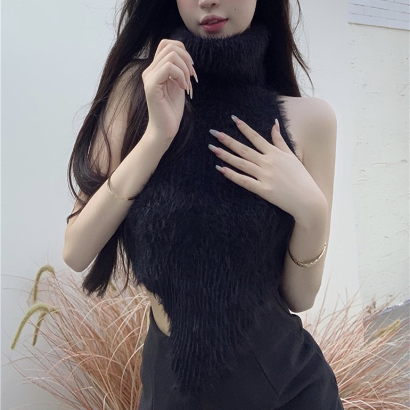 Débardeur tricoté chic et sexy pour femme, dos nu, court, sans manches, épaules dénudées, style streetwear populaire, bord ondulé
