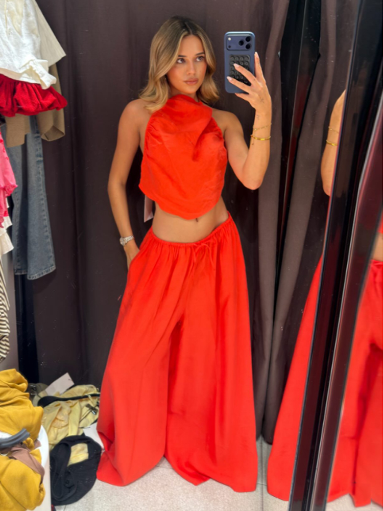 Ensemble pantalon et haut pour femme, pantalon rouge à jambes larges et haut court sexy à bretelles, ensemble 2 pièces, tenue décontractée pour femme, tenue d'été élégante pour femme