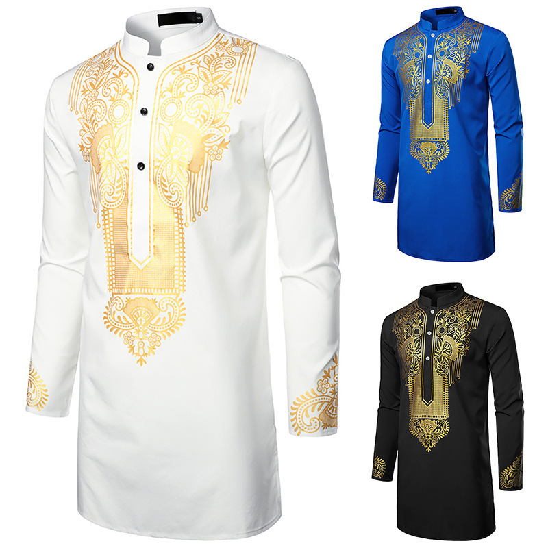 Abaya islamique arabe pour hommes Robe imprimé ethnique col montant chemise mi-longue pour jeunes manteau de luxe vêtements décontractés pour hommes musulmans à la mode