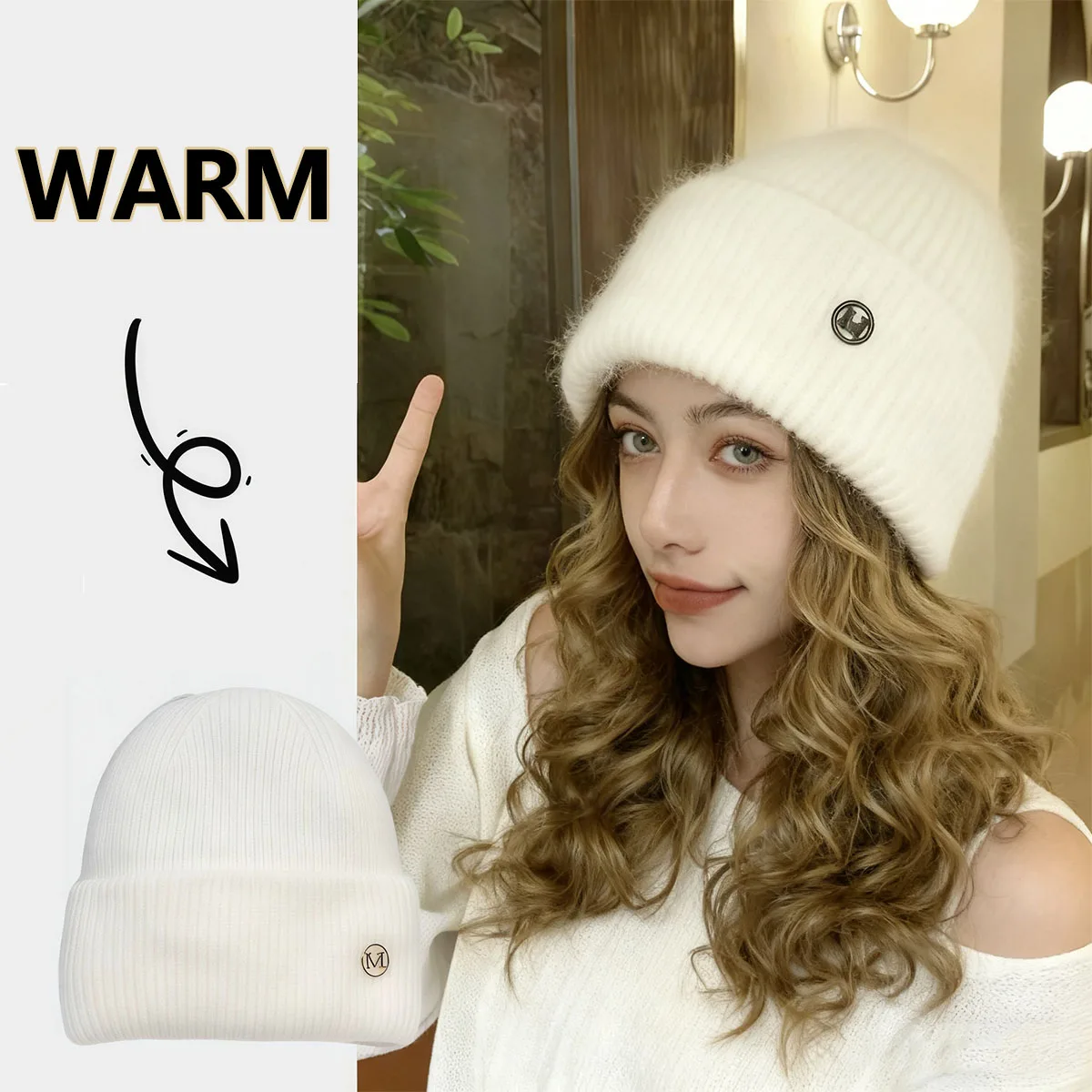 Chapeaux d'hiver pour femmes, bonnet en tricot doux, fourrure de lapin chaude, mignon, couleur unie, casquette ample, décontracté, mode extérieure, solide, couverture de tête pour adulte